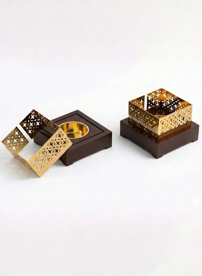 كازا كيسيرا مبخرة نحاسية محراب مشبكة بقاعدة خشبية طبيعية صلبة